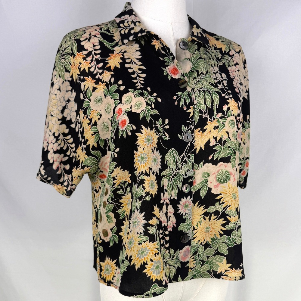 Vintage Harari Japanese Floral 100% Silk Top Art Nouveau Cottagecore Size M